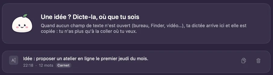 Carnet de VoiceMochi : une idée dictée, rangée avec l'heure et le nombre de mots.