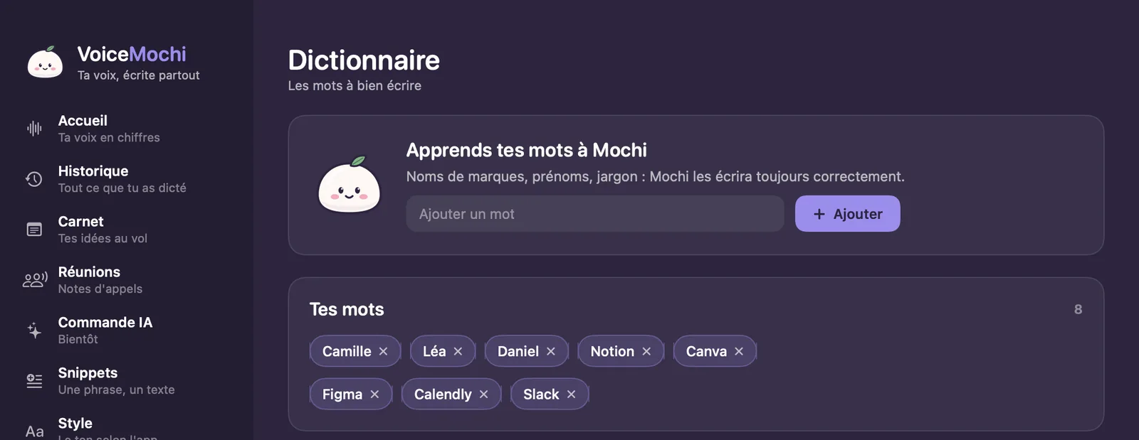 Rubrique Dictionnaire de VoiceMochi : champ pour ajouter un mot, et une liste de prénoms et de noms d'outils (Camille, Léa, Daniel, Notion, Canva, Figma, Calendly, Slack).