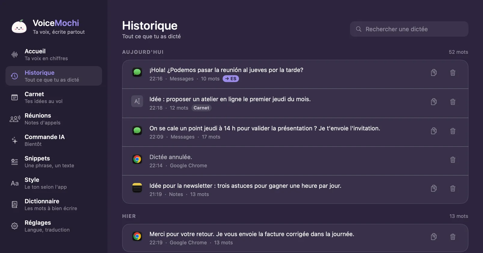 Historique de VoiceMochi : les dictées du jour avec l'app utilisée, l'heure et le nombre de mots, dont une traduite en espagnol et une notée dans le carnet.