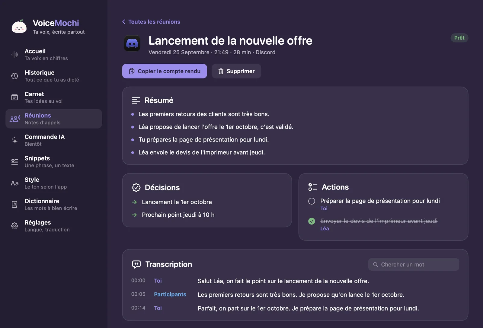 Compte rendu d'une réunion Discord dans VoiceMochi : résumé, décisions, actions à cocher et transcription séparant Toi et Participants.