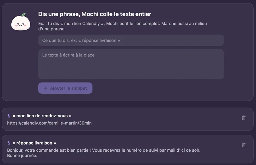 Snippets de VoiceMochi : « mon lien de rendez-vous » et « réponse livraison » remplacés par leur texte complet.
