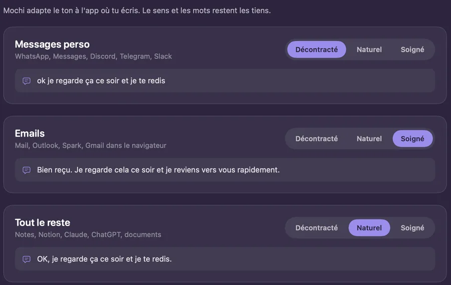 Style de VoiceMochi : décontracté pour les messages perso, soigné pour les e-mails, naturel pour le reste, avec un exemple pour chacun.